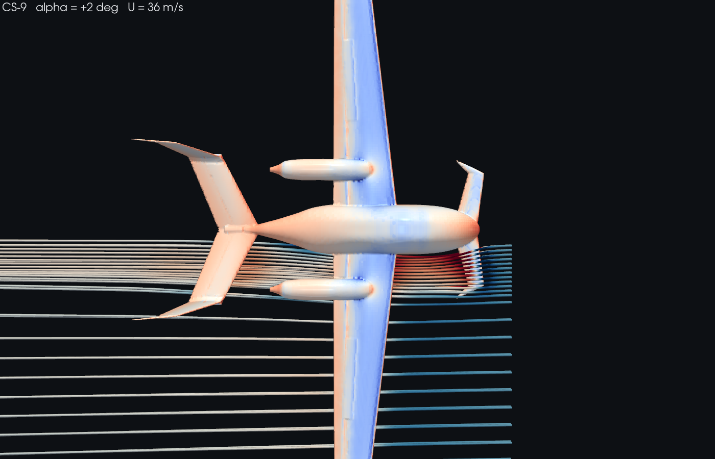 Computational fluid dynamics solution over an aircraft at two degrees angle of attack and 36 metres per second, showing surface pressure and streamlines trailing off the wing.