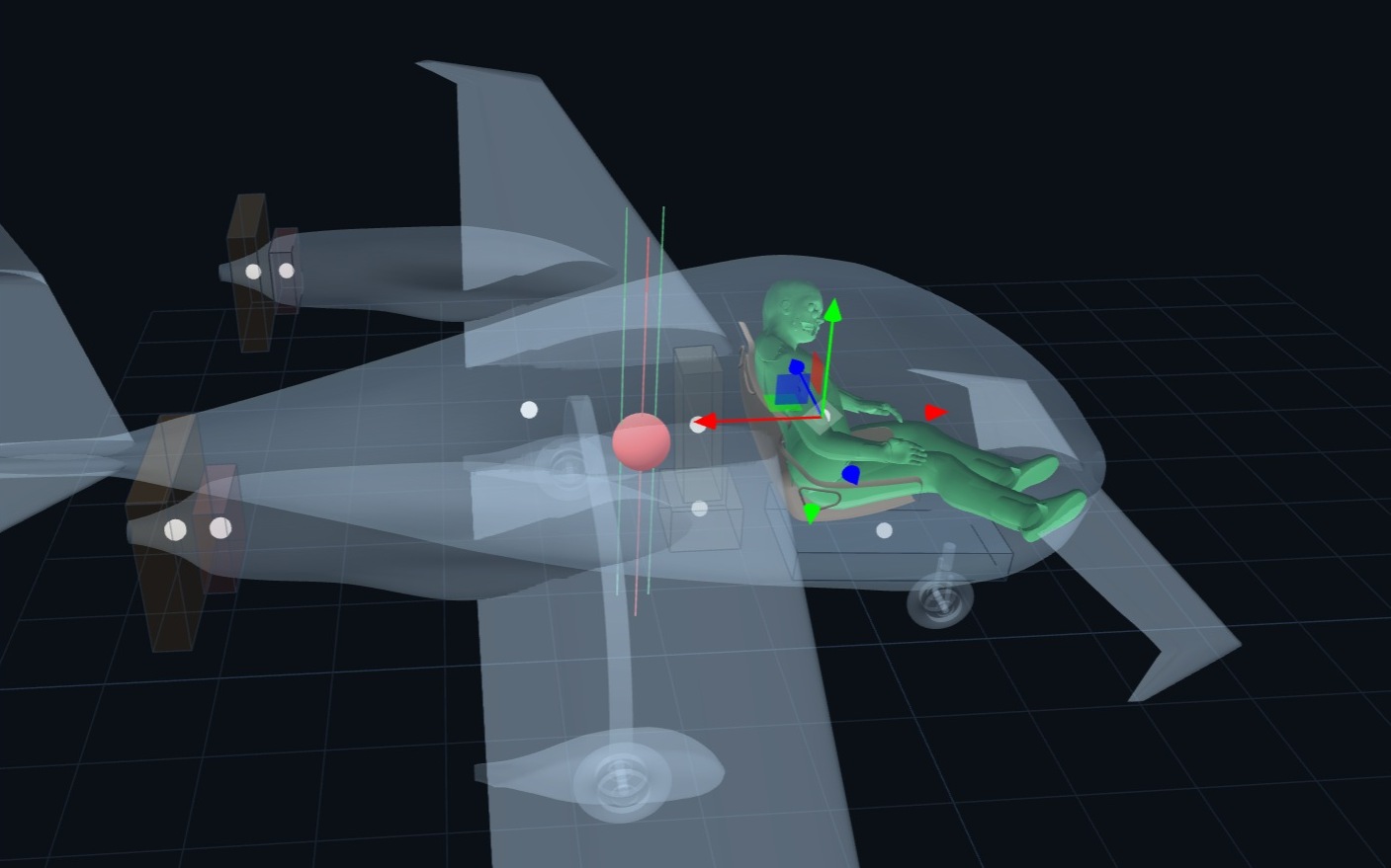 Layout and center-of-gravity bench: an aircraft shown semi-transparent with the pilot, seat, motors, battery pack and avionics placed inside, and the resulting CG plotted against its stability envelope.