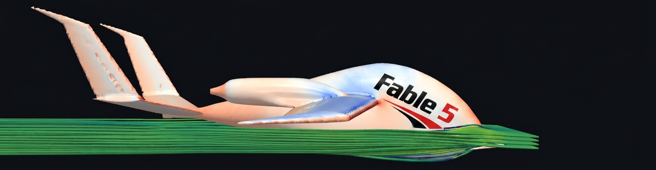 The CS-9 aircraft in side view, wearing a Fable 5 decal, riding a green ribbon of CFD streamlines
