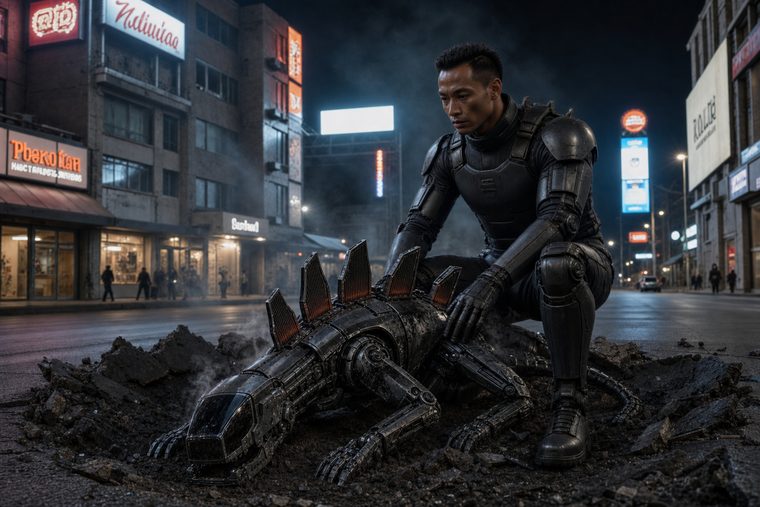 Two separately trained characters composed into a single frame: an armoured figure kneeling beside a mechanical creature on a wet neon-lit street at night
