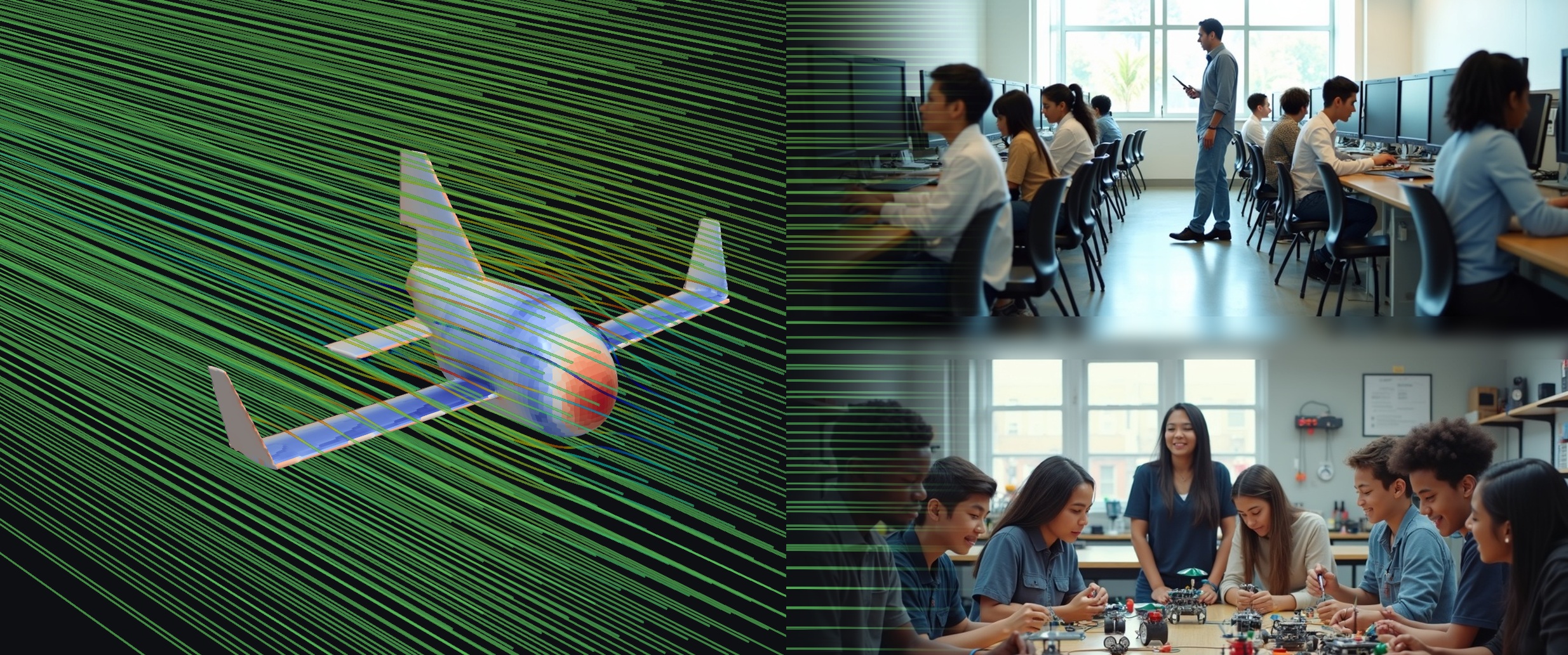 Left: an aircraft solved in CFD, green streamlines sweeping past the wings. Right: two classrooms — students working at computer workstations, and students building small robots together at a lab bench.