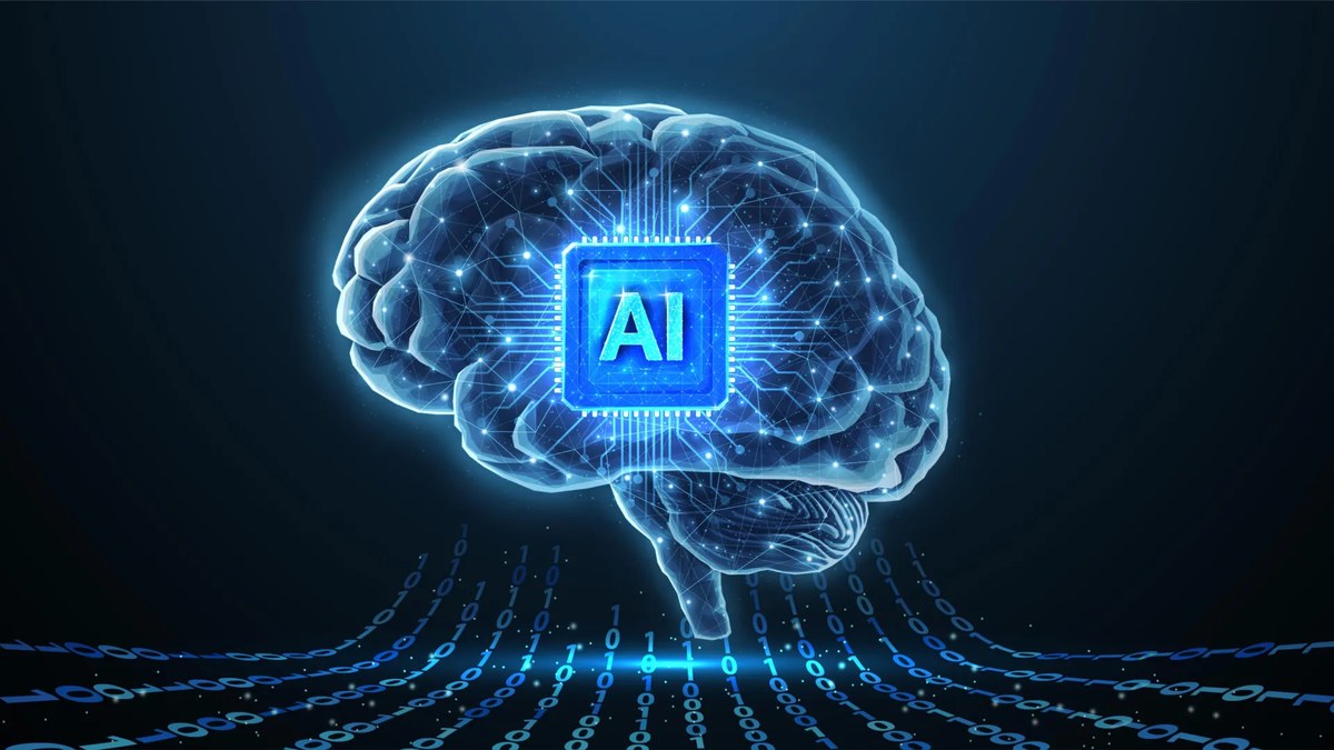 AI brain composite — neural mesh with a chip overlay
