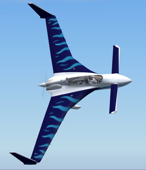 A Rutan Long-EZ banking overhead — canard forward, swept main wing with winglets, pusher propeller