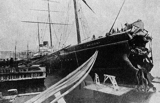 The SS Arizona in dock, her bow crushed and telescoped after striking an iceberg head-on in 1879