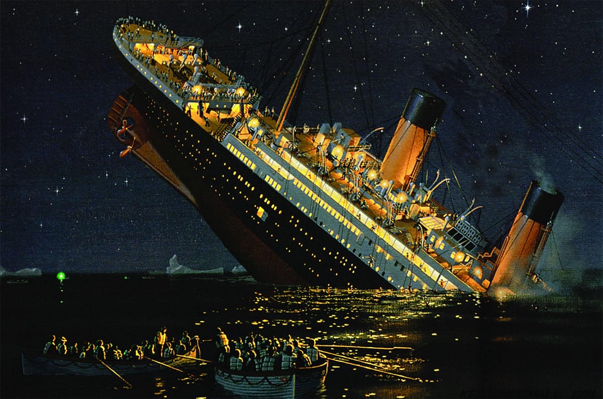 Artist's depiction of RMS Titanic sinking by the bow at night, lifeboats in the foreground